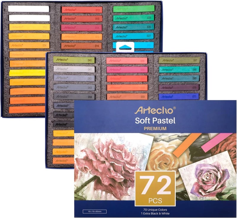 Artecho 72pcs Soft Pastels, 70 Colors Including 4 Fluorescent Colors, Extra Free Black & White, Square Chalk for Drawing, Blending, Layering, Shading, Pastels Art Supplies - Image 1